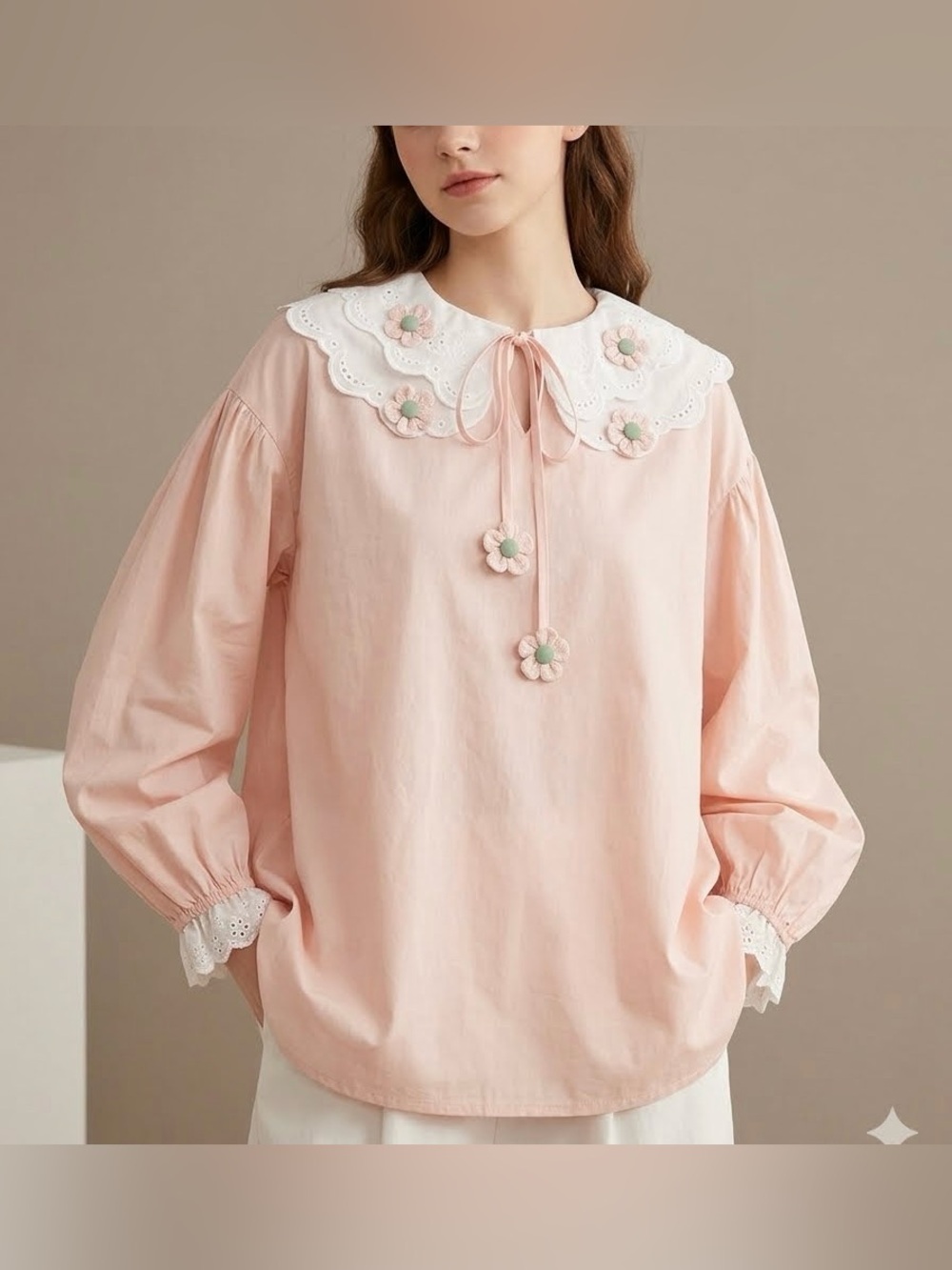 NEW Light Pink Statement Collar Blouse 3D Floral Coquette NWT